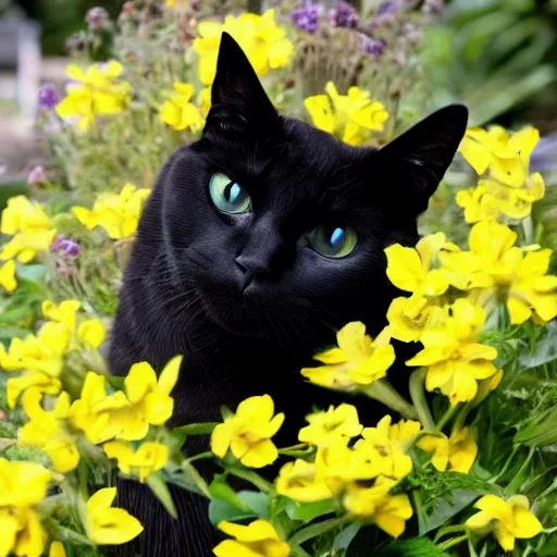 Image similar to yellow flower cat, black bombay cat, happy, cheery, garden, smile