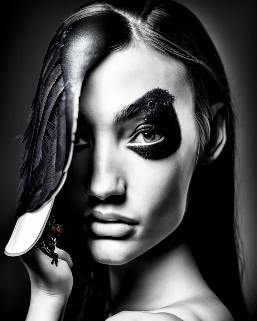 Image similar to a profile portrait, a stunning young woman - cyborg with a mutant crow head, editorial photography, bw, shot on 7 0 mm, depth of field, f / 2. 8, high contrast, 1 6 k, volumetric lighting, shiny, insanely detailed and intricate, hypermaximalist, elegant, ornate, hyper realistic, super detailed