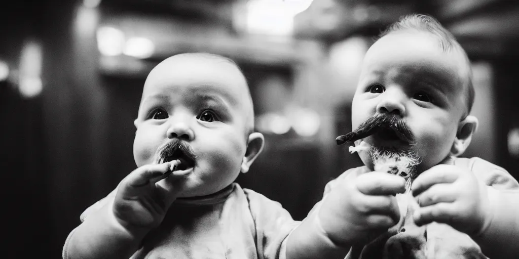 Prompt: Weird baby with a beard and mustache smoking a big cigar in a bar, (EOS 5DS R, ISO100, f/8, 1/125, 84mm, postprocessed, crisp face, facial features)