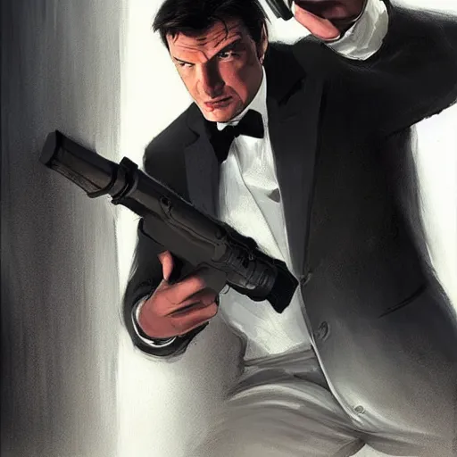 Image similar to Nathan Fillion as James Bond in Goldeneye 007 silently dispatching a guard on the toilet in facility , D&D, cinematic, intricate, elegant, highly detailed, movie still, artstation, concept art, smooth, sharp focus, illustration, art by artgerm and greg rutkowski and alphonse much