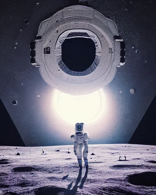 Image similar to a person standing in front of an open door that's on the moon, poster art by mike winkelmann, trending on cg society, space art, sci - fi, ue 5, futuristic, volumetric lighting