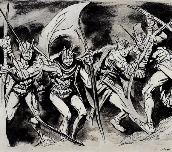 Image similar to four medeival adventurers flee, a group of mantis men, pen and ink, by frank Frazetta