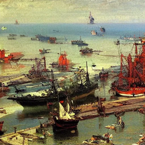 Prompt: british ships shoot at port of Lagos, from above, 1905, brightly coloured oil on canvas, by ilya repin