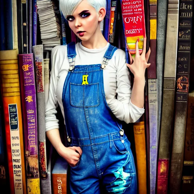 Image similar to full body pose, beautiful adult book fairy, pixar, short white hair shaved sides, dirty, grungy, grunge, long sleeve, painted overalls, stacks of giant books, highly detailed, 4 k, hdr, smooth, sharp focus, high resolution, award - winning photo, artgerm, photorealistic