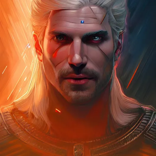 Image similar to symmetry!! portrait of the witcher, thunder, sci - fi, glowing lights!! intricate, elegant, highly detailed, digital painting, artstation, concept art, smooth, sharp focus, illustration, art by artgerm and greg rutkowski and alphonse mucha, 8 k