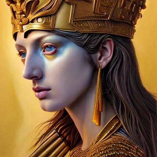 Image similar to hyperrealistic mixed media painting of beautiful goddess Athena, stunning 3d render inspired art by P. Craig Russell and Barry Windsor-Smith, perfect facial symmetry, fair fair fair fair fair skin skin skin dim volumetric lighting, full full full full face face face face face 8k octane beautifully detailed render, post-processing, portrait, extremely hyper-detailed, intricate, epic composition, headpiece headpiece headpiece, brown brown brown eyes eyes eyes eyes, realistic realistic realistic eyes, cinematic lighting, masterpiece, trending on artstation, detailed detailed detailed, masterpiece, stunning