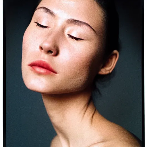 Image similar to Portrait photo of a famous actress posed in profile, eyes closed, natural makeup, studio lighting, highly detailed, cinestill 800t