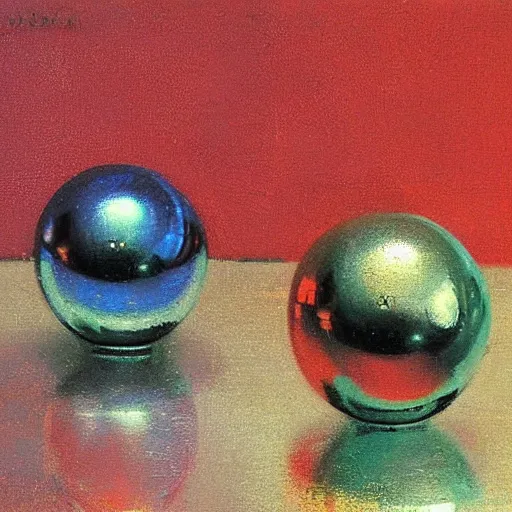 Prompt: chrome spheres on a red cube by sanford robinson gifford