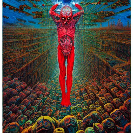 Image similar to a grand scale painting of lament configuration box floating above skinned bloody man in hell by clive barker and alex grey and lisa frank and beksinski