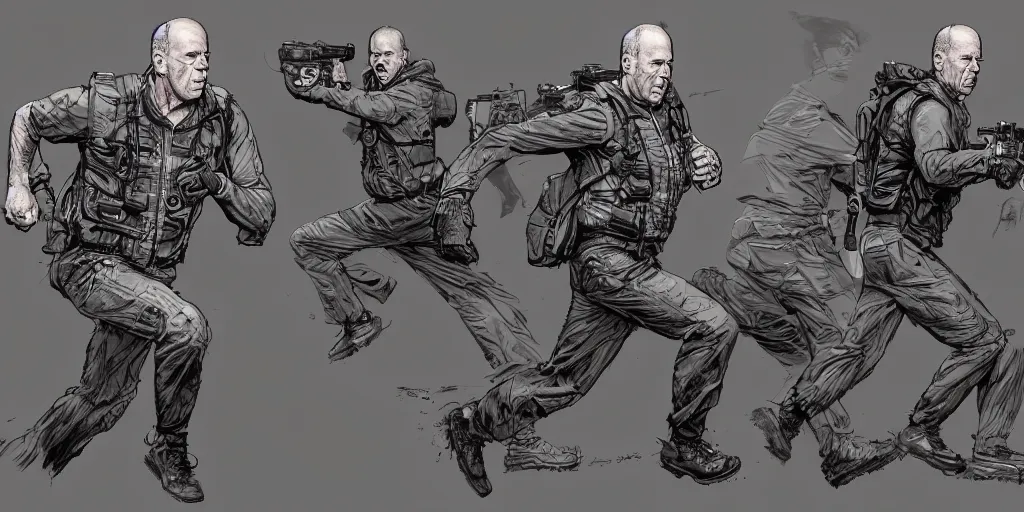 Prompt: cartoonish bruce willis running, by geert goilis, vivid colors, character sheet, fine details, concept design, contrast, kim jung gi, greg rutkowski, trending on artstation, 8 k, full body, turnaround, front view, back view, ultra wide angle