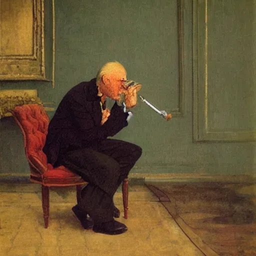 Image similar to old man smoking a pipe sitting in a chair, oil painting by caspar david friedrich, john harris