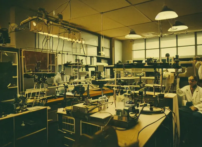 Prompt: a 3 5 mm photo of the interior of a scientific laboratory in the 1 9 5 0 s, bokeh, canon 5 0 mm, cinematic lighting, dramatic, film, photography, golden hour, depth of field, award - winning, 3 5 mm film grain, retro, film, kodachrome