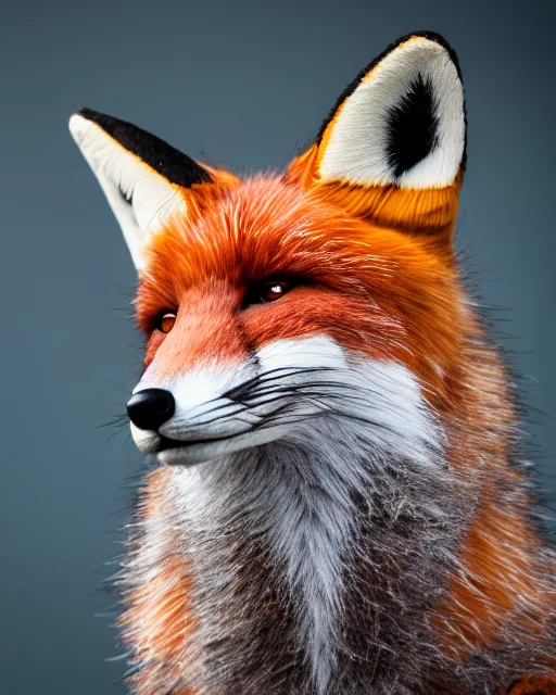 Prompt: portrait photo headshot still of a fox fursuit, 8 k, 8 5 mm f 1. 8, fursuit