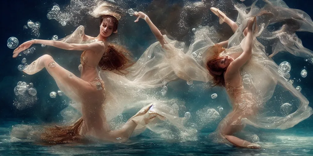 Image similar to underwater realistic photography of dancers with long gorgeous clothes , renaissance epic scene . Fluidity, elegance, beauty, water ocean cautic , ocean surface visible and water bubbles details rising up reaslitic undrwater background, high details. by CHRISTY LEE ROGERS