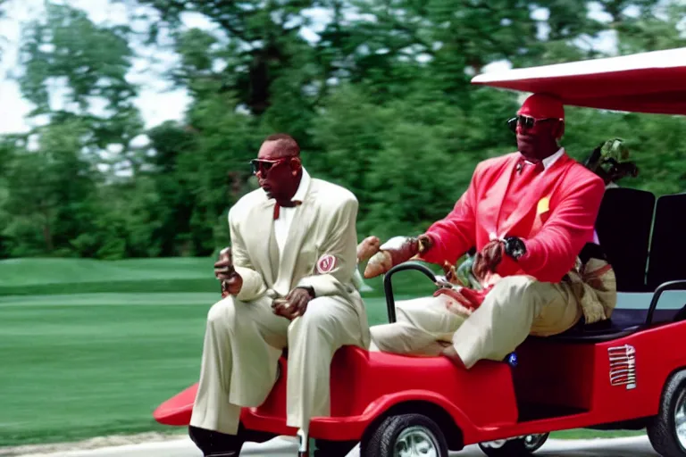 Image similar to dennis rodman in a dress driving a golf cart, movie still, from the new caddyshack movie, dancing gopher from caddyshack, 8 k, hd, cinematic lighting