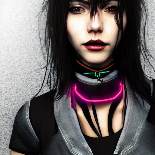 Image similar to headshot portrait of cyberpunk woman wearing thick steel choker around neck, 4K, detailed face, collar on neck, realistic, artstation, cyberpunk style, neon,