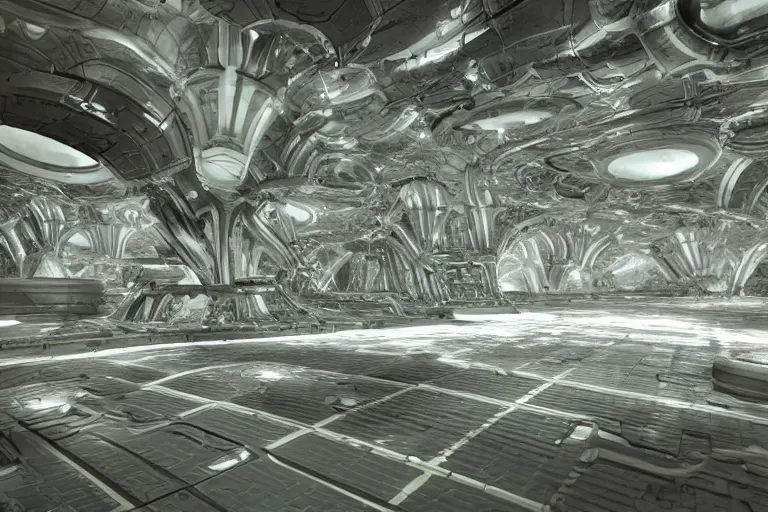 Prompt: The pristine halls of an organic alien spacecraft, biomechanical structures, subsurface scattering