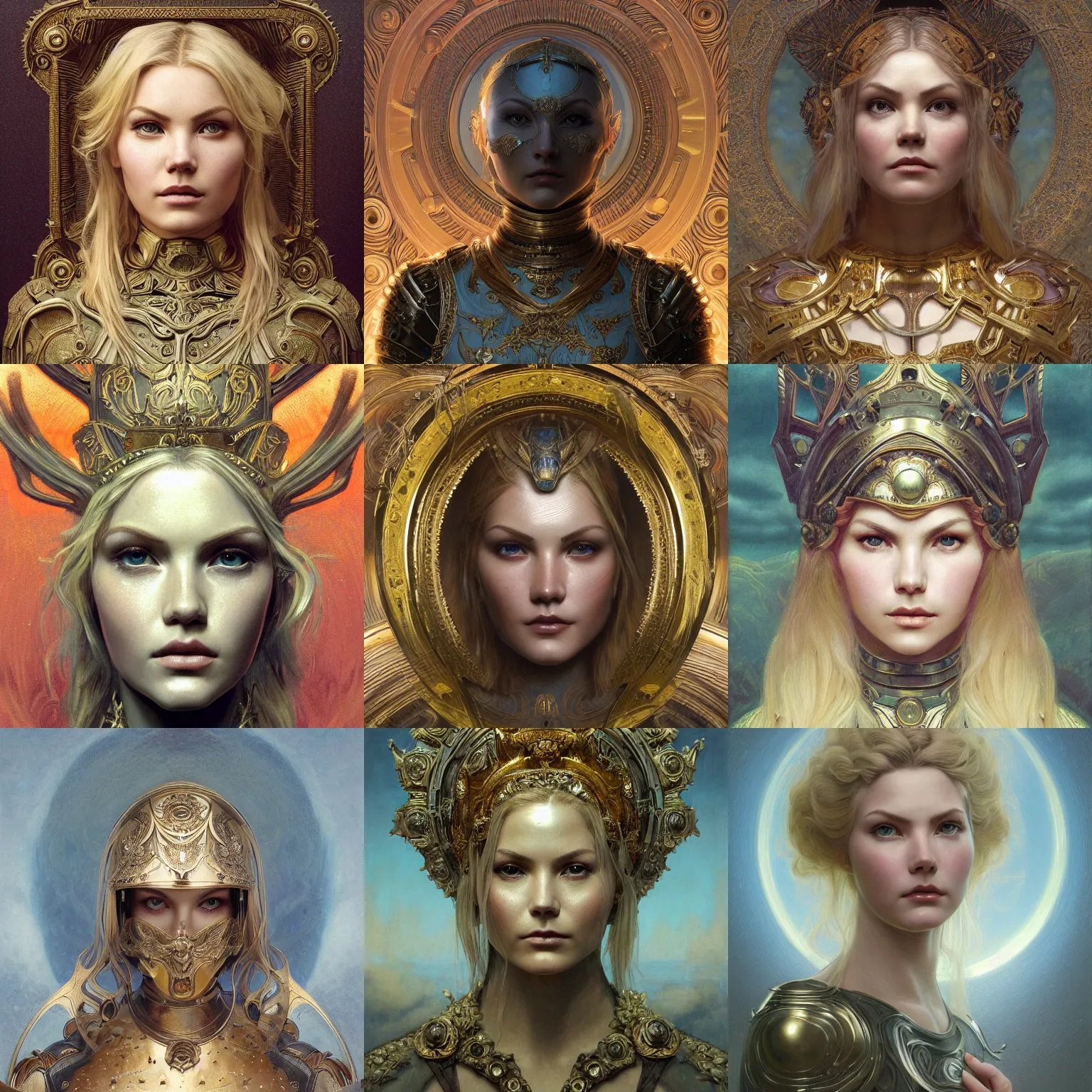 Prompt: masterpiece head-on symmetrical centered painted portrait, Elisha Cuthbert as a paladin, blonde hair, golden halo, ornate iron armour, elegant, distant, in the style of Edgar Maxence and Ross Tran and Zdzisław Beksiński and Michael Whelan and Mucha and gustav dore and H.R. Giger, 8k, octane render