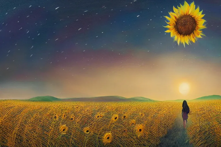 Image similar to giant sunflower as a head, girl walking in wheat field, hills, surreal photography, dark night, star trails, dramatic light, impressionist painting, clouds, digital painting, artstation, simon stalenhag