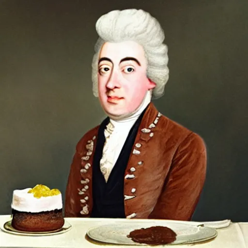 Image similar to colorized photo of G.F. Handel in powdered wig eating cake