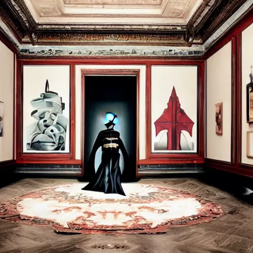 Image similar to Batman standing in giant Italian modern castle living room, clean minimalist design, that is 1300 feet tall, with very tall giant walls filled with modern art paintings, doors that are cosmic portals, photo by Annie Leibovitz