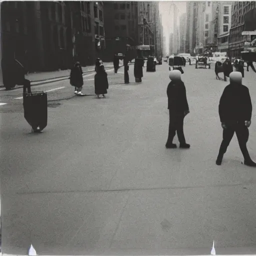 Prompt: wide-shot low-angle photo of empty!!! animated clothes (((heads))) at the street in New York, polaroid photo, by Andy Warhol, signed