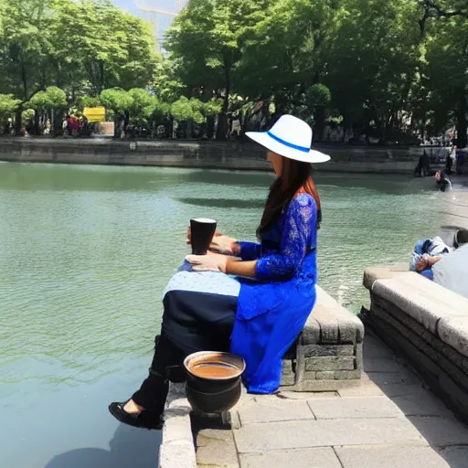 Image similar to a beautiful woman wearing a blue lace top and a white hat, drinking coffee by a river in beijing