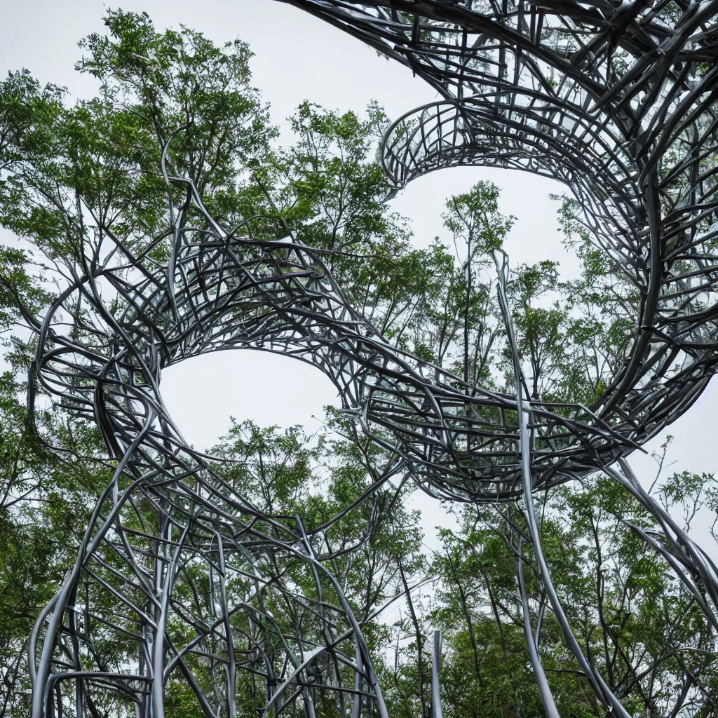 Image similar to hyper realistic, very high helix shaped observation tower made by metal in forest, wide angle shot, future design, extremely realistic, architecture design, parametric architecture, environment, sunset, foggy, cinematography, mega scans, cinematic, hyper realistic, photo real, cinematic composition, highly detailed,