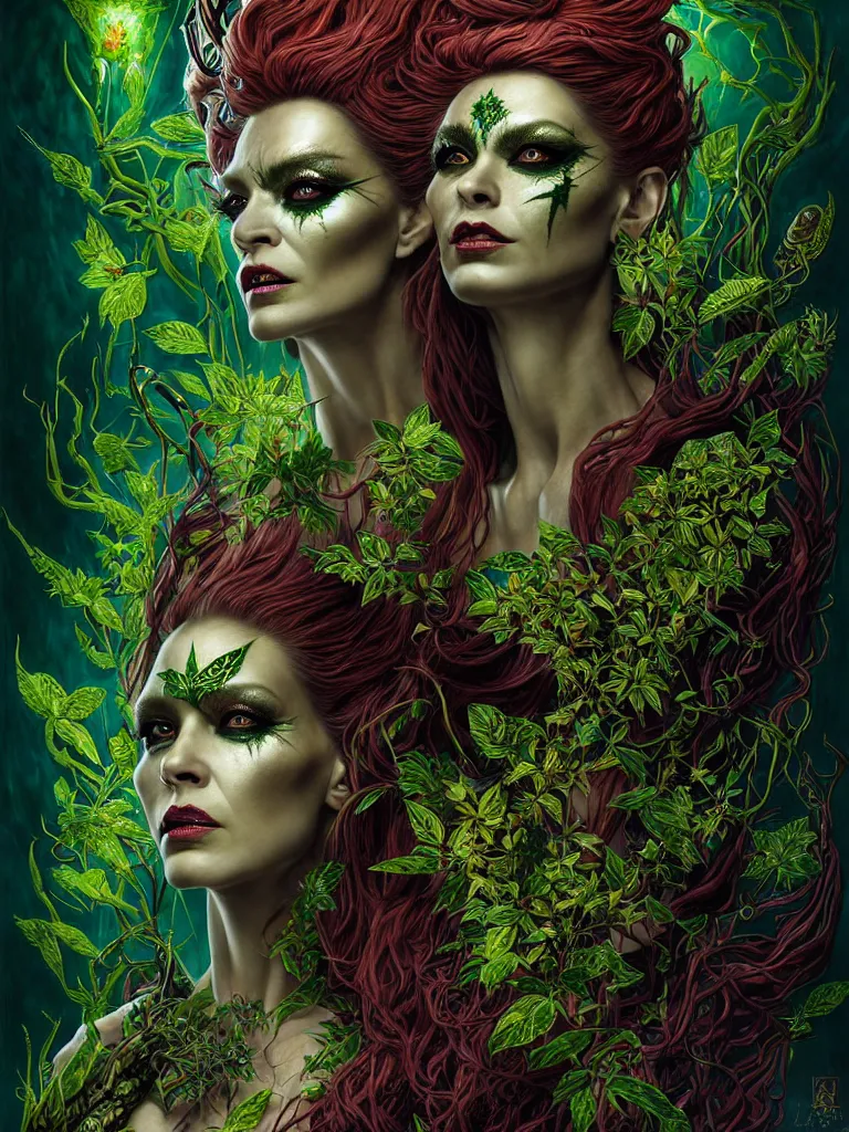 Image similar to cinematic fullbody portrait. complex hyper-maximalist overdetailed cinematic cosmic scifi portrait of an elegant very attractive but wild and dangerous reptilian goddess by andrei riabovitchev, tomasz alen kopera, oleksandra shchaslyva. Omnious intricate. Secessionist portrait illustration. Poison goddes. Slightly Reminds to poison ivy. Focus on face. Artstation. Deviantart. 8k 4k 64megapixel. Rendered by binx.ly.