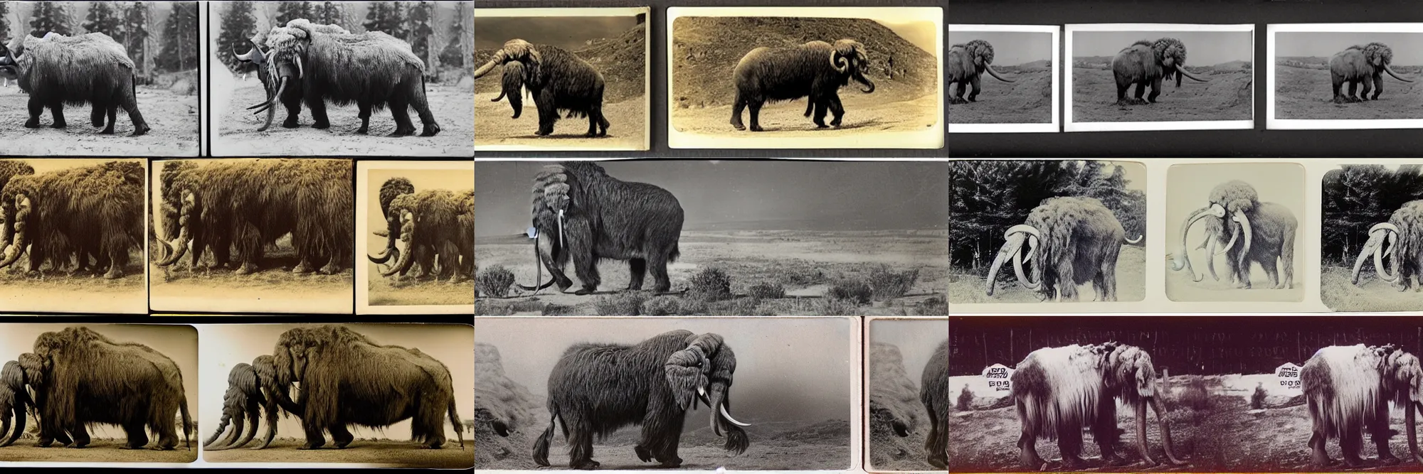 Prompt: stereoscopic card photograph of a live woolly mammoth