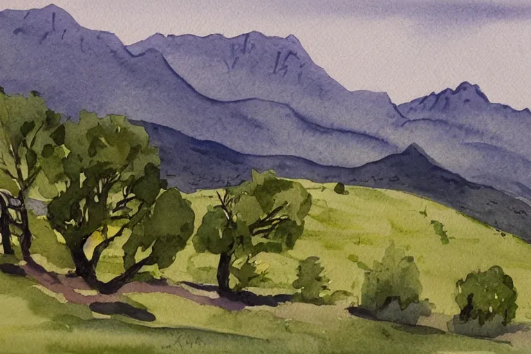 Image similar to green landscape with trees and mountains in the distance, watercolor