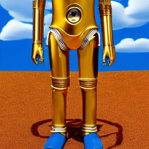 Image similar to full body legs portrait of Simpson as C3PO in star wars, background blue sky puffy clouds cinematic 4k