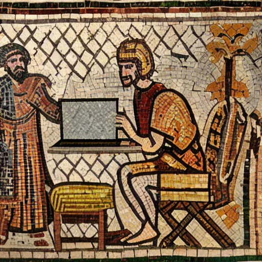 Image similar to ancient roman mosaic of a guy yelling at his computer, highly detailed, high quality, high resolution