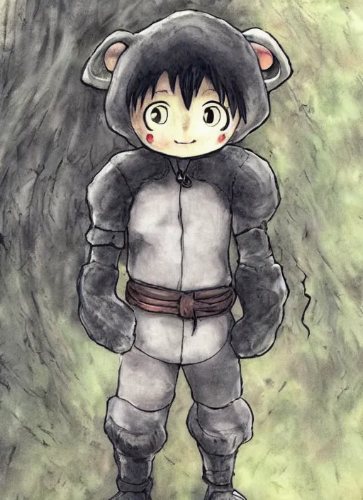 Image similar to beautiful little boy wearing an cyborg bear suit, artwork in kentaro miura and made in abyss and rosdraws and evangelion, smooth, beautiful lightness, anatomically correct, trending on pixiv, forest
