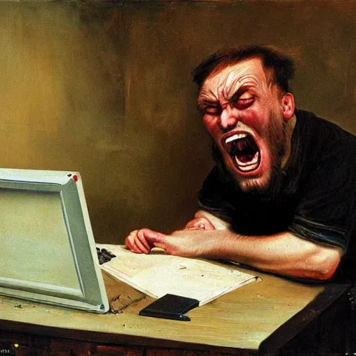 Image similar to an angry man screams at his computer monitor, oil on canvas, 1 8 8 3, highly detailed