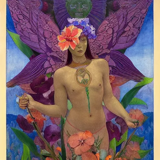 Prompt: the flower god, by Annie Swynnerton and Nicholas Roerich and Diego Rivera, bioluminescent skin, tattoos, wings made out of flowers, elaborate costume, geometric ornament, symbolist, cool colors like blue and green and violet, smooth, sharp focus, extremely detailed