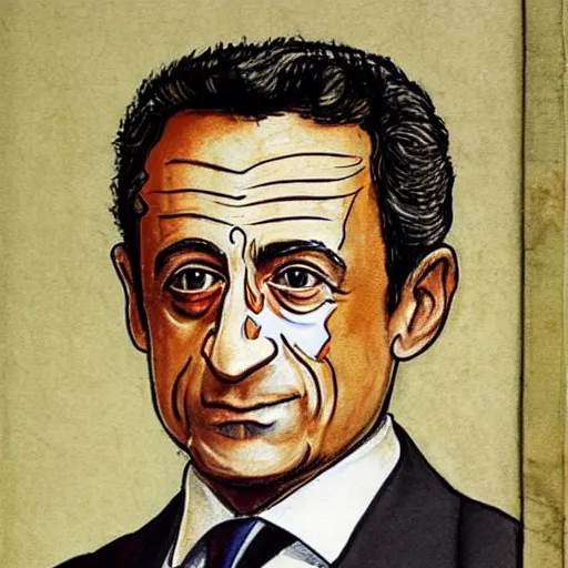 Prompt: a high quality and very detailed full-lenght painting of Nicolas Sarkozy, medieval manuscript