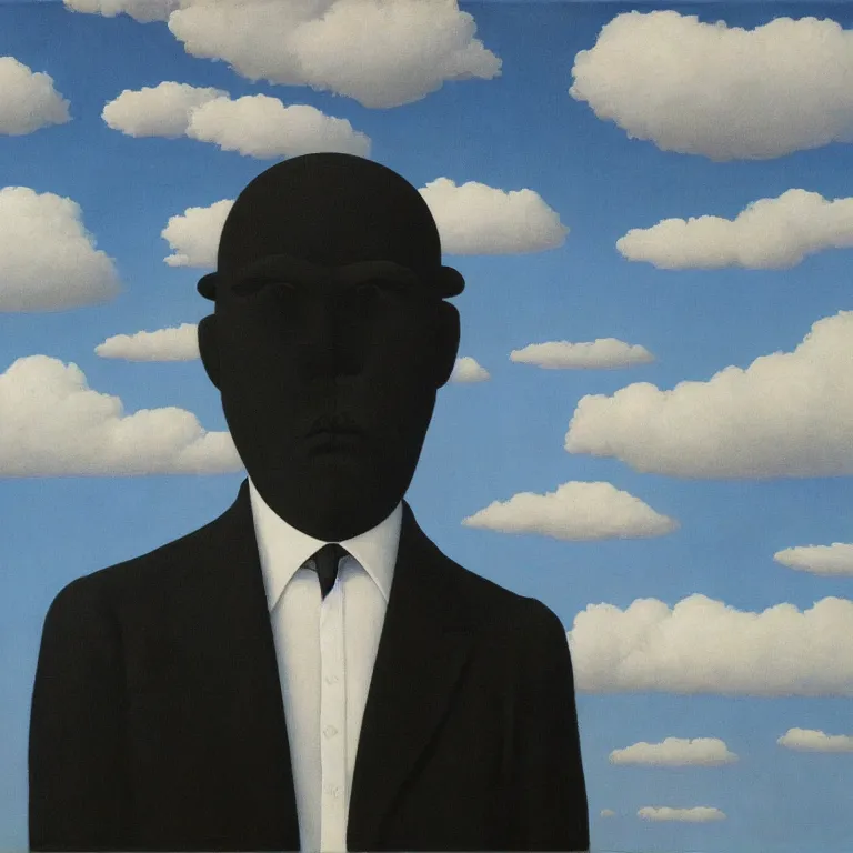 Image similar to portrait of a faceless shadow - head man in a suit, clouds in the background, by rene magritte, detailed painting, distance, middle centered, hd, hq, high resolution, high detail, 4 k, 8 k