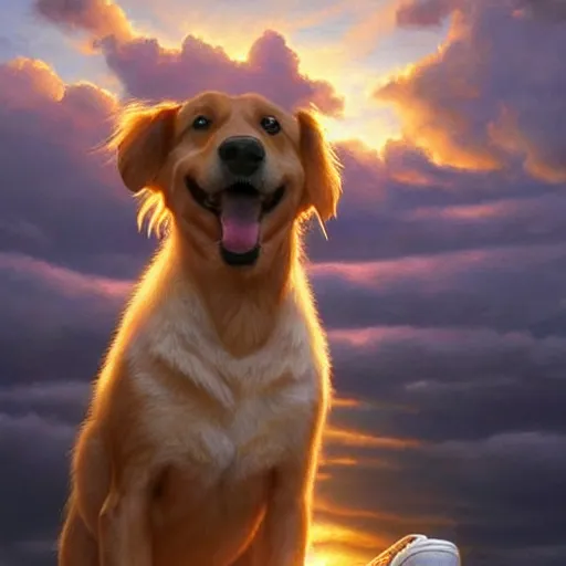 Image similar to a cute dog and a white sneaker shoe with its laces undone, highly detailed, hyperrealistic, sunset in the background, rays of golden sunlight, oil painting by greg rutkowski and artgerm and wlop