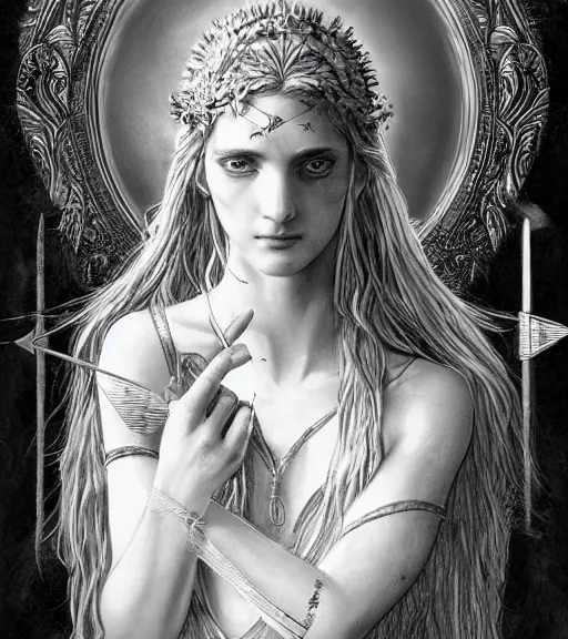 Prompt: beautiful aphrodite goddess wearing an arrow on her head, realistic face, beautiful eyes, black and white drawing, in the style of greg rutkowski, fantasy, amazing detail, epic, intricate, elegant, smooth, sharp focus