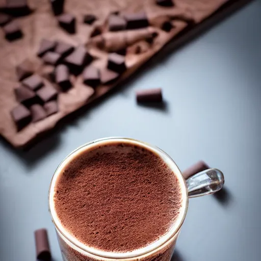 Prompt: food photography of hot chocolate drink in tall glass with cream on top and cocoa powder, chocolate pieces, canon macro lens, moody lighting, stock photos, front angle view, transparent background