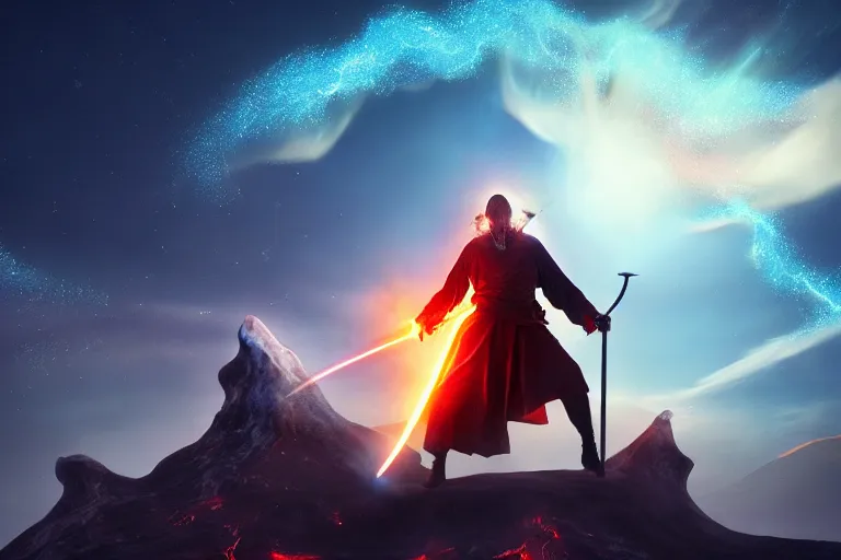 Prompt: levitating wizard wielding a sword, opening a shining portal, night sky, horizon of an erupting volcano, ultra realistic, epic lighting, high detail, trending on artstation