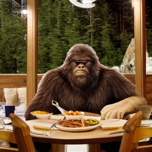 Prompt: photo of bigfoot having dinner in a restaurant