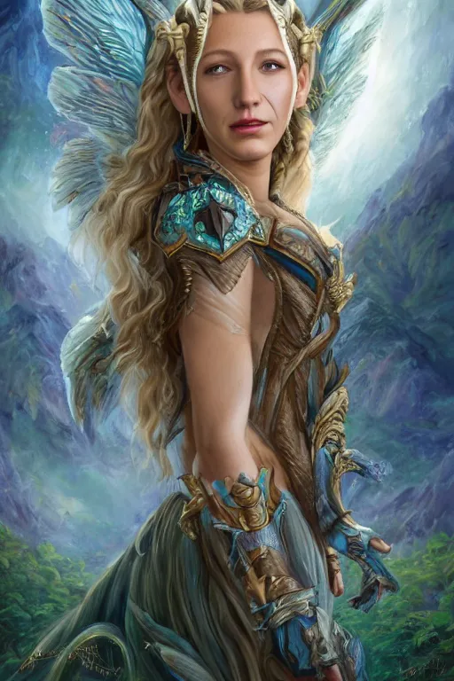 Image similar to A fantasy book style portrait painting of a hybrid, Blake Lively, Anya_Taylor-Joy, Cory Chase, as a Mystical Valkyrie, Anubis-Reptilian, Atlantean Warrior, François Boucher, Oil Painting, Crisp clear resolution, unreal 5, DAZ, hyperrealistic, octane render, Regal, Refined, Detailed Digital Art, RPG portrait, William-Adolphe Bouguereau, Michael Cheval, Walt Disney (1937), Steampunk, hyperdetailed, artstation, cgsociety, Volumetric Golden dappled dynamic lighting, Highly Detailed, Cinematic Lighting, Unreal Engine, 8k, HD