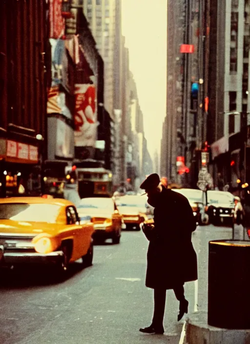 Image similar to a 35mm photograph of a man walking down the street in New York City in the 1960's, bokeh, Canon 50mm, cinematic lighting, photography, retro, film, Kodachrome