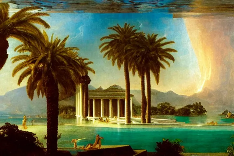 Prompt: Palace floating in heaven, 1km tall, thunderstorm, greek pool, beach and palm trees under the palace, major arcana sky, by paul delaroche, hyperrealistic 4k uhd, award-winning very detailed, heaven paradise