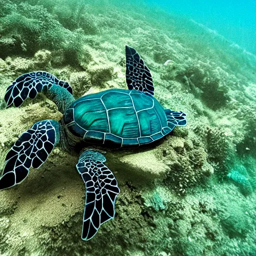 Prompt: teal turtle underwater