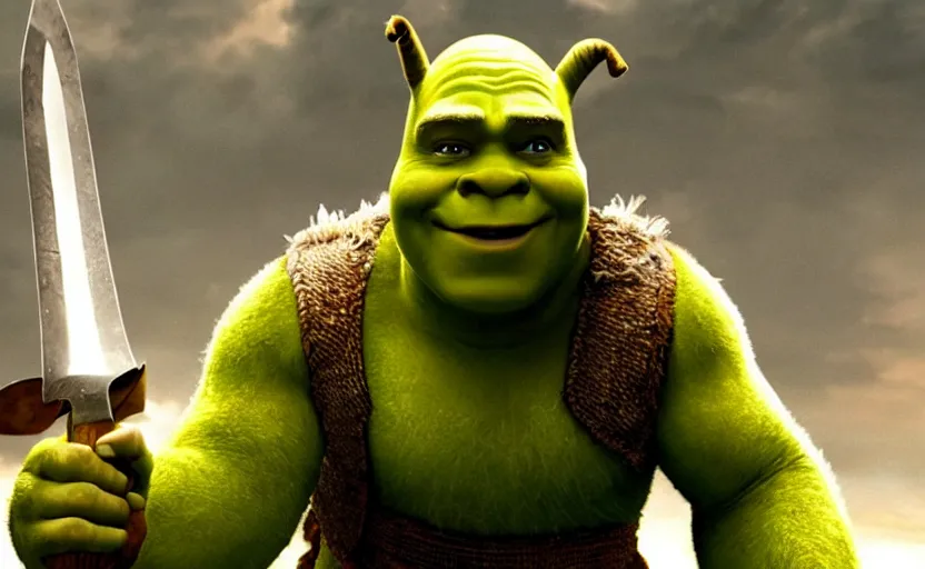 Prompt: Movie still of shrek wearing warrior armor showing his golden sword