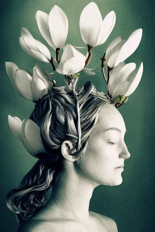 Prompt: a goddess of magnolia a queen of the garden, meditating! with a beautiful symmetrical face!!! cinematic lightning, isolated, studio lighting by barrett biggers artist