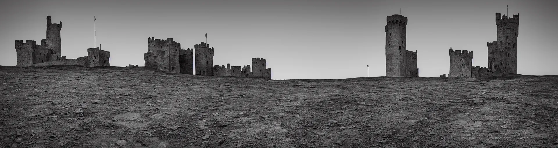 Image similar to landscape photography of the lunar surface with a spooky medieval castle tower on the far left